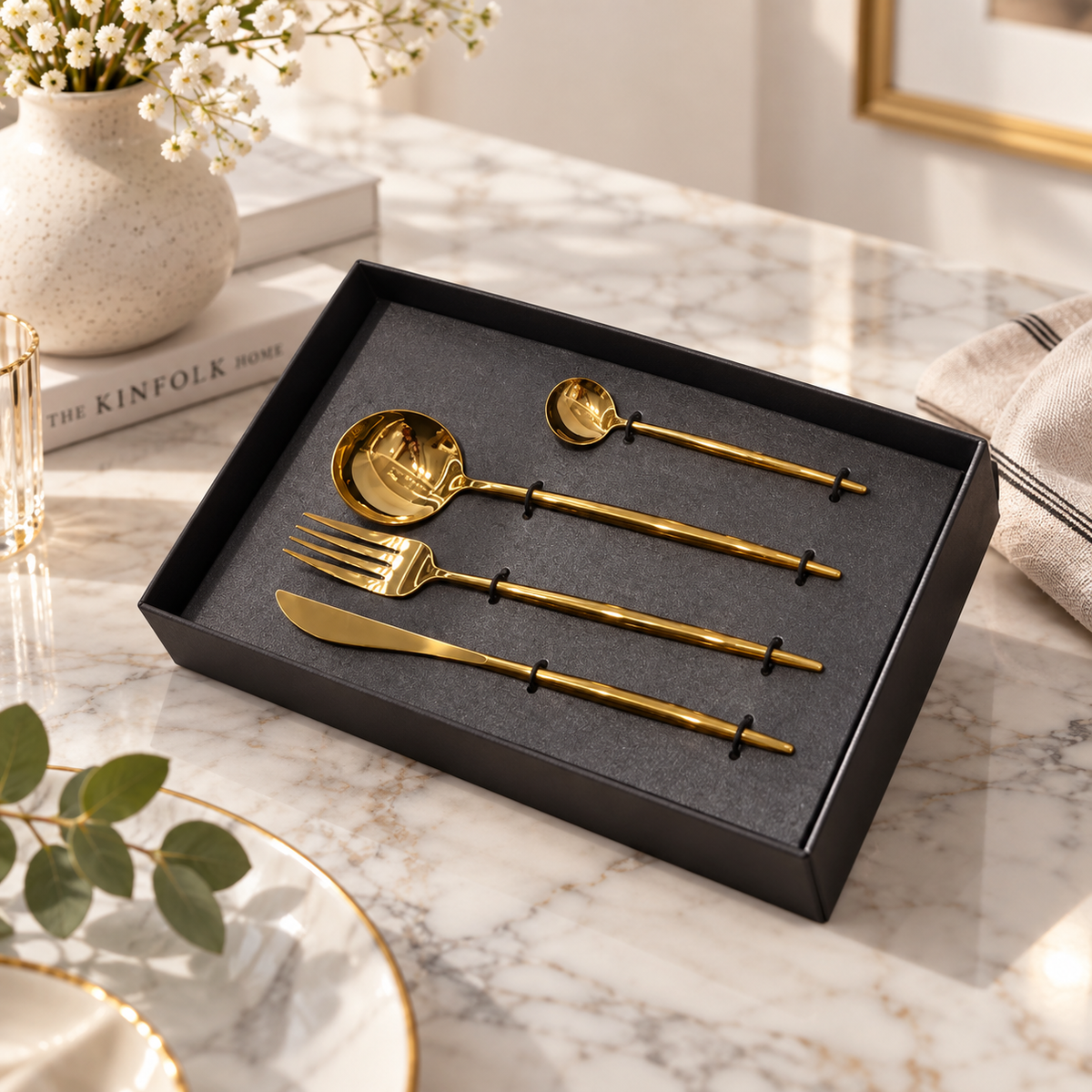 Modern Mirror Finish Gold Cutlery Set of 4
