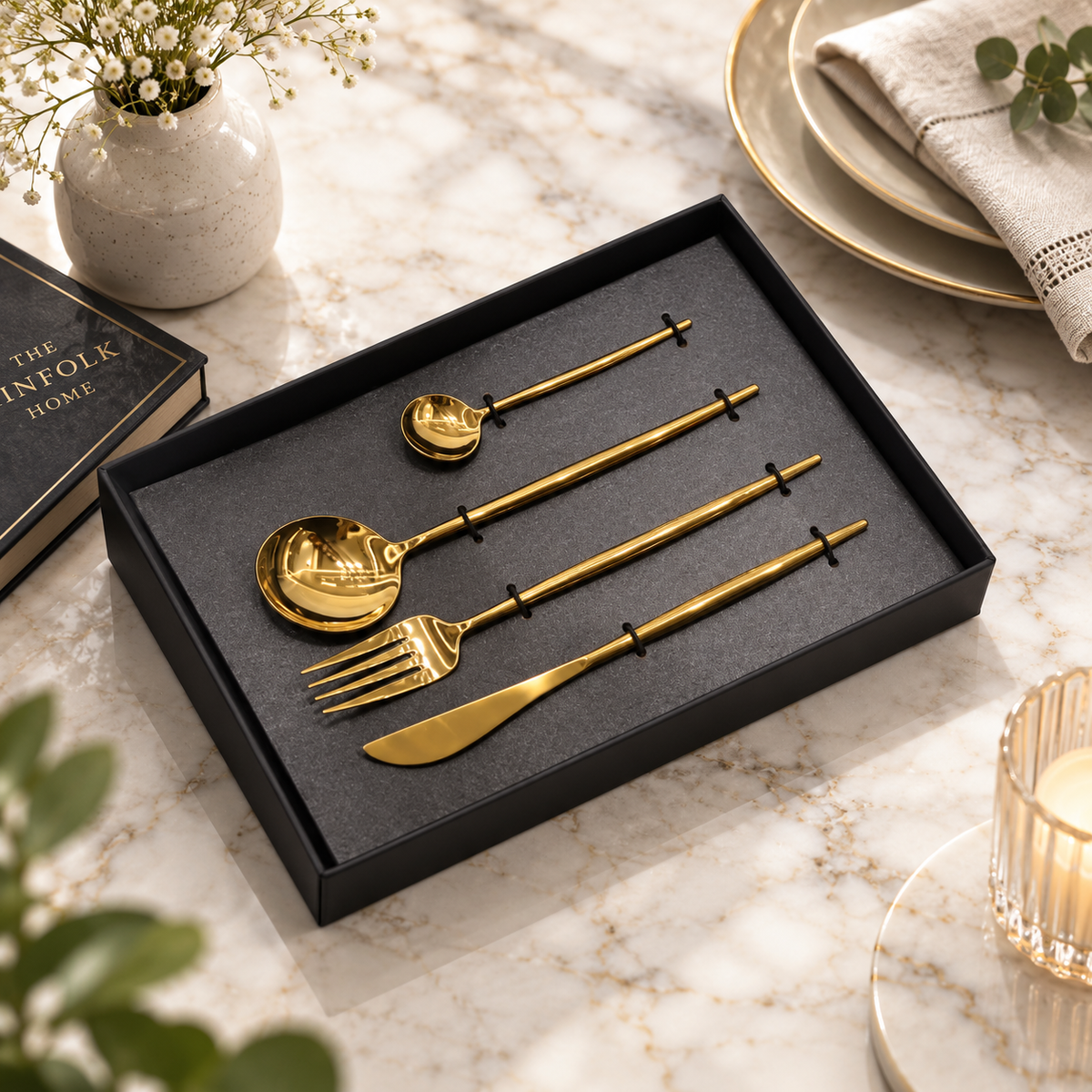 Modern Mirror Finish Gold Cutlery Set of 4