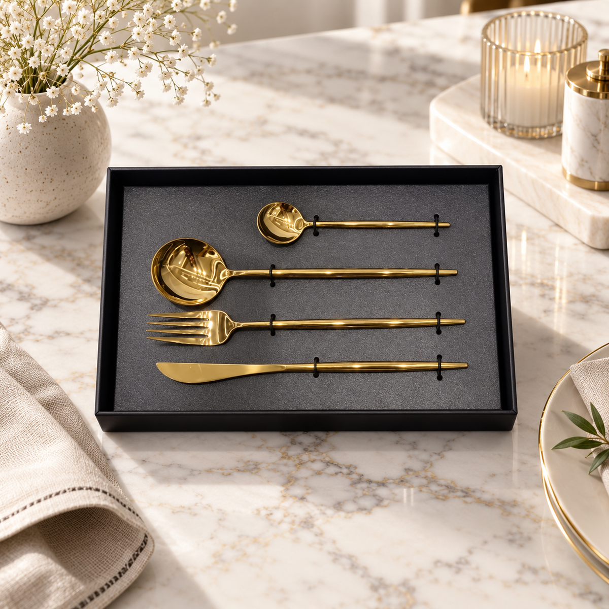 Modern Mirror Finish Gold Cutlery Set of 4