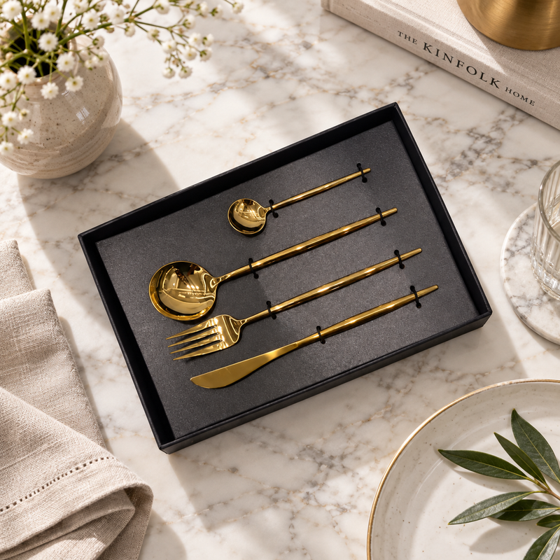 Modern Mirror Finish Gold Cutlery Set of 4