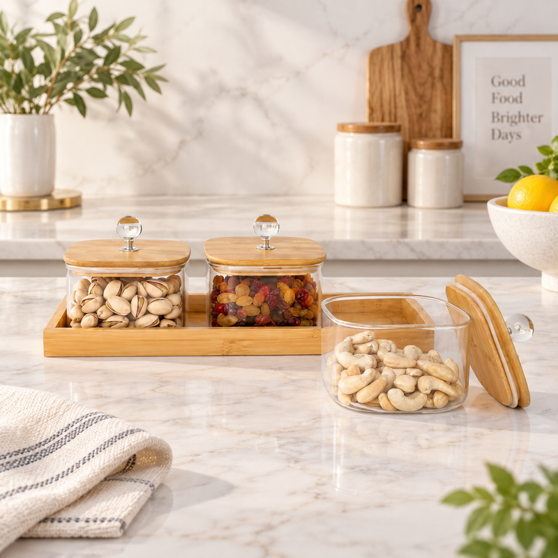 Elegant Glass Jars Set with Bamboo Tray Set of 3