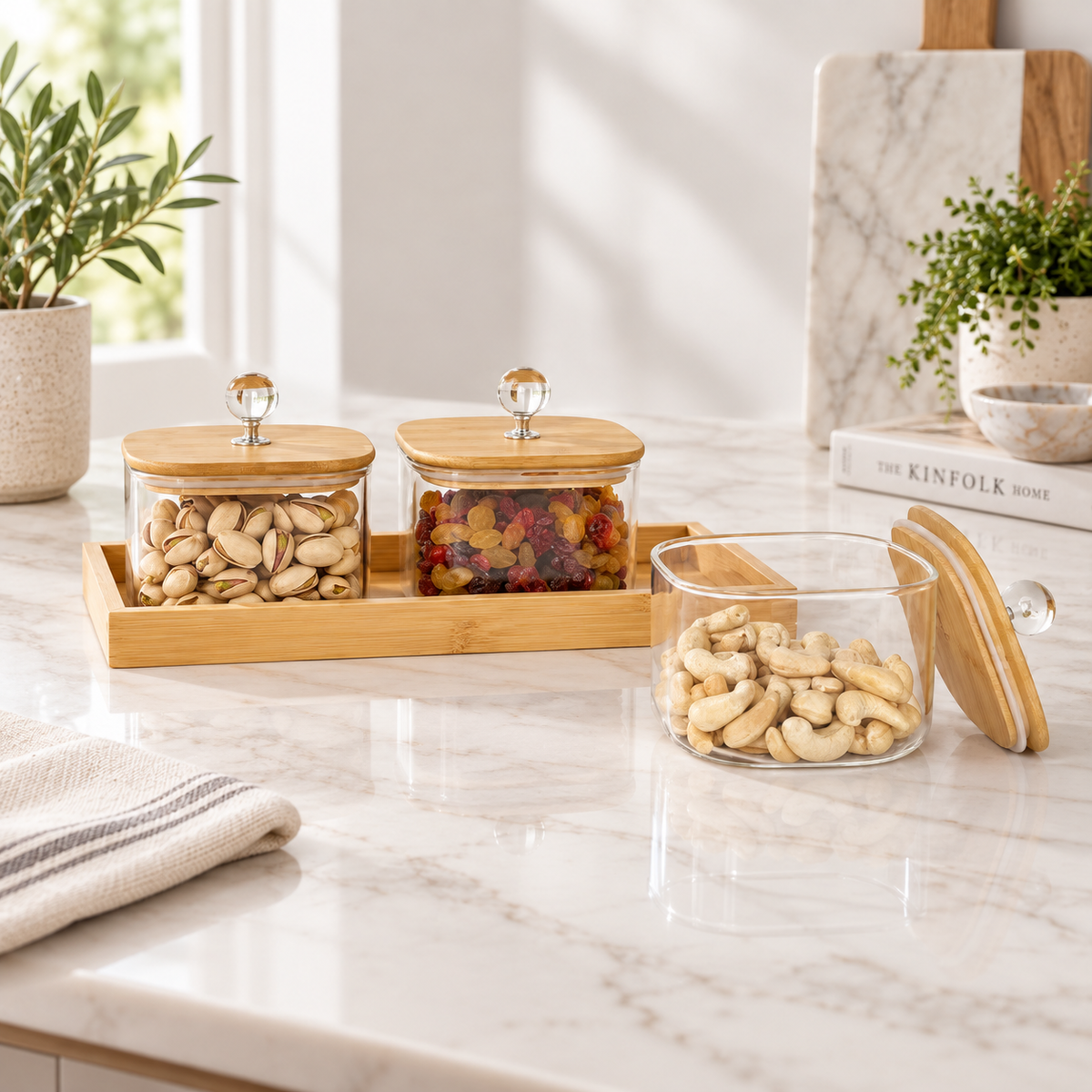 Elegant Glass Jars Set with Bamboo Tray Set of 3