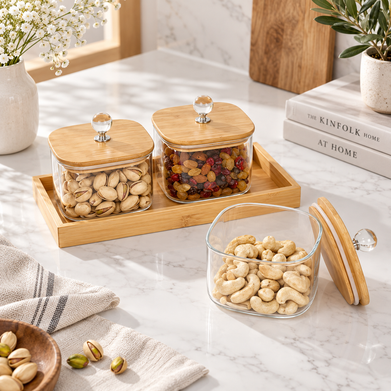Elegant Glass Jars Set with Bamboo Tray Set of 3
