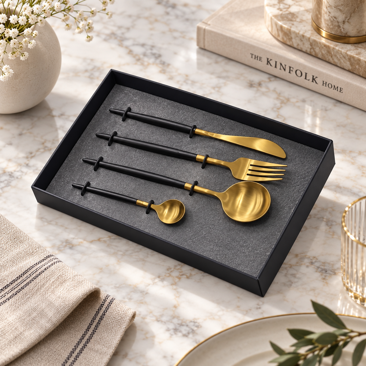 Luxe Matte Black and Gold Cutlery Set 4 Piece