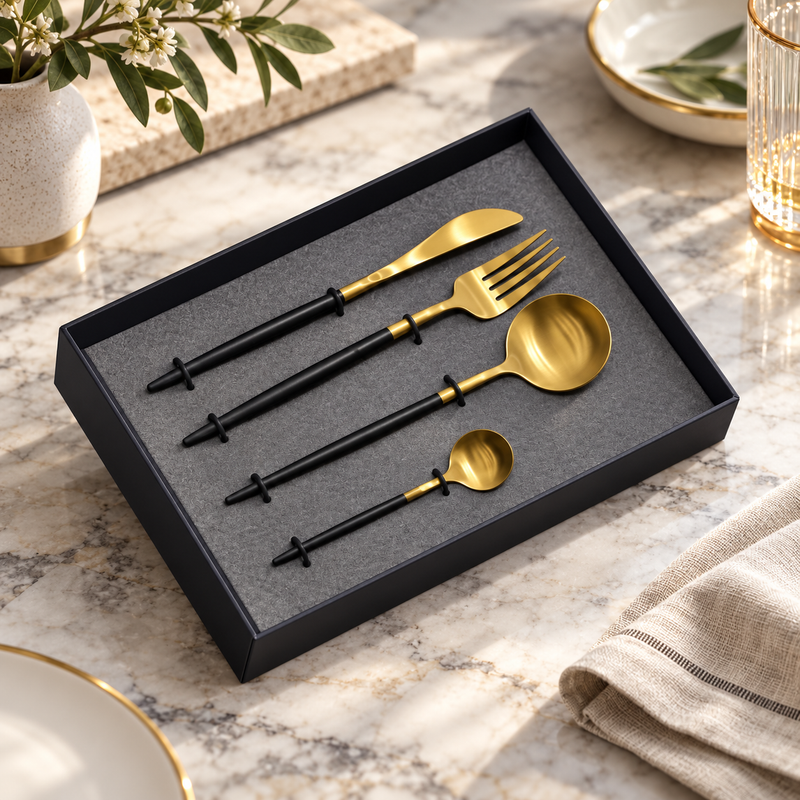 Luxe Matte Black and Gold Cutlery Set 4 Piece