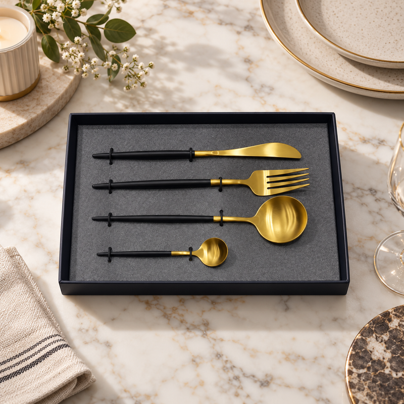 Luxe Matte Black and Gold Cutlery Set 4 Piece
