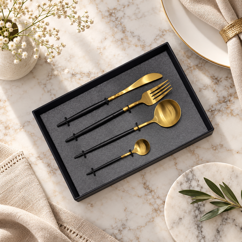 Luxe Matte Black and Gold Cutlery Set 4 Piece