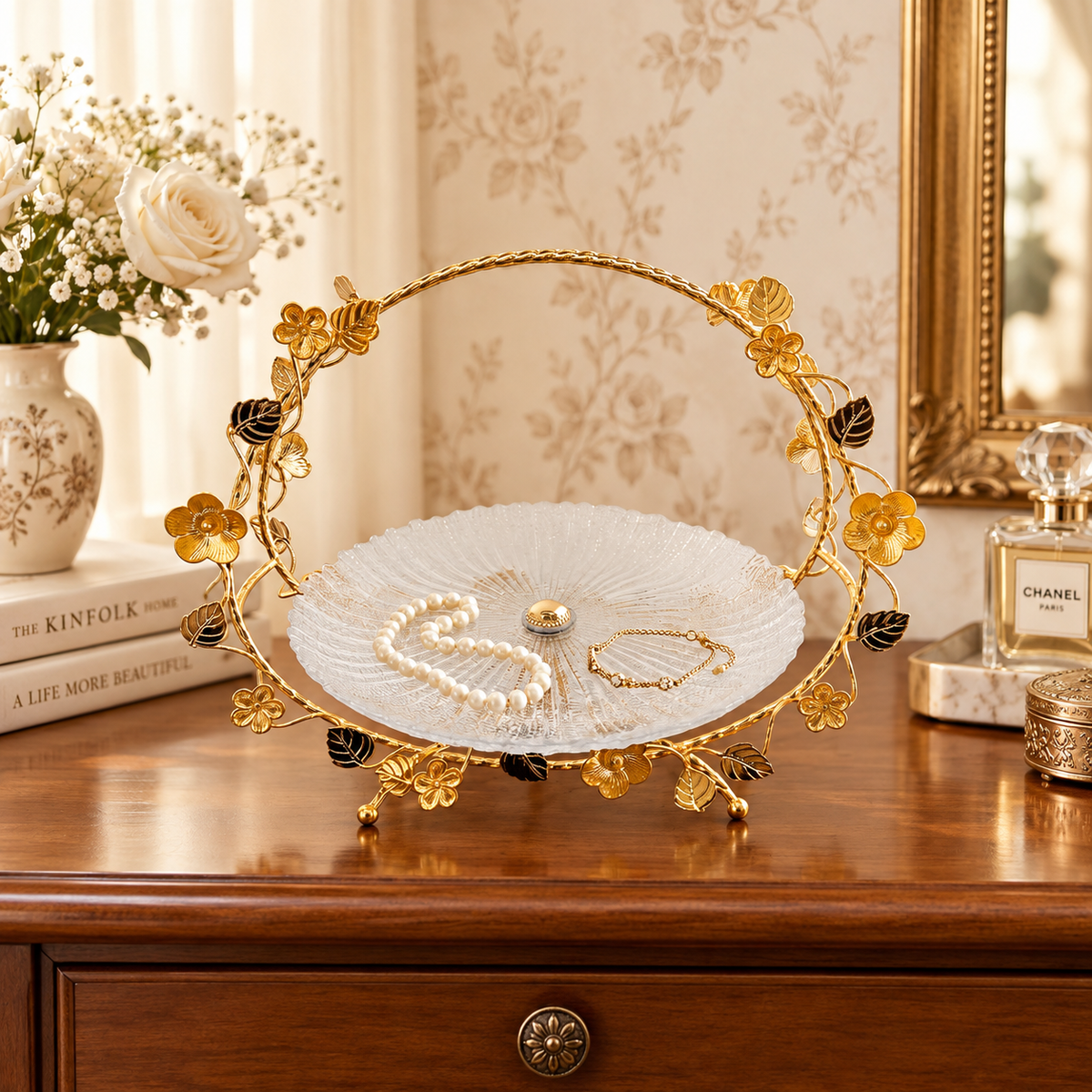 Floral Wreath Crystal Glass Fruit & Dessert Platter