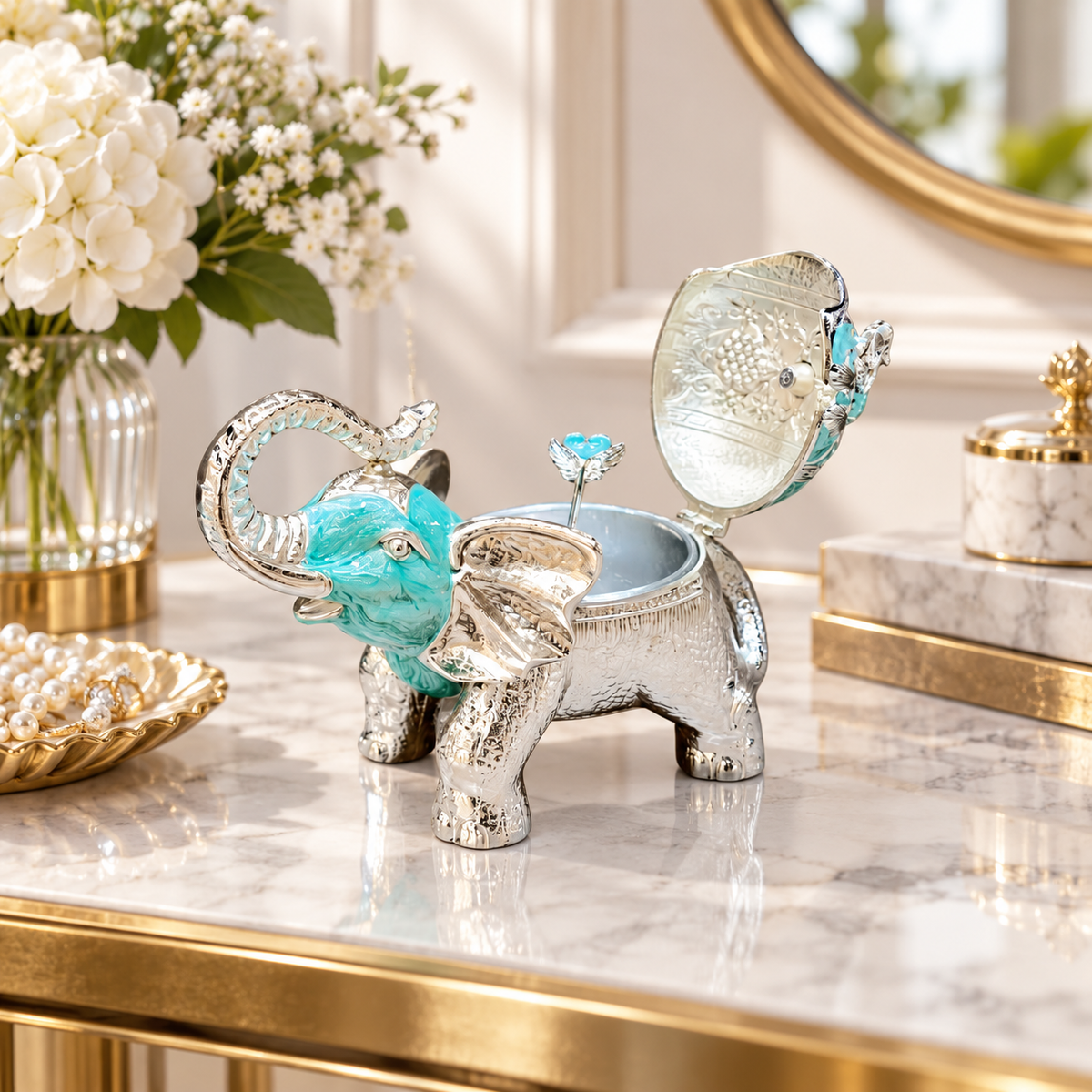 Royal Blue Silver-Plated Elephant Figurine Serving Jar