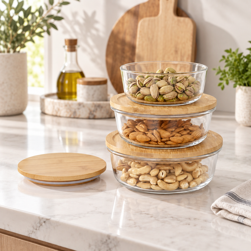 Multipurpose Kitchen Bowls with Bamboo Lids Set of 3