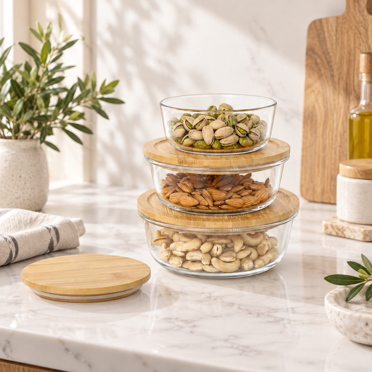 Multipurpose Kitchen Bowls with Bamboo Lids Set of 3