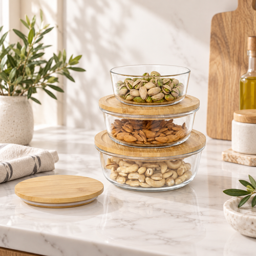 Multipurpose Kitchen Bowls with Bamboo Lids Set of 3