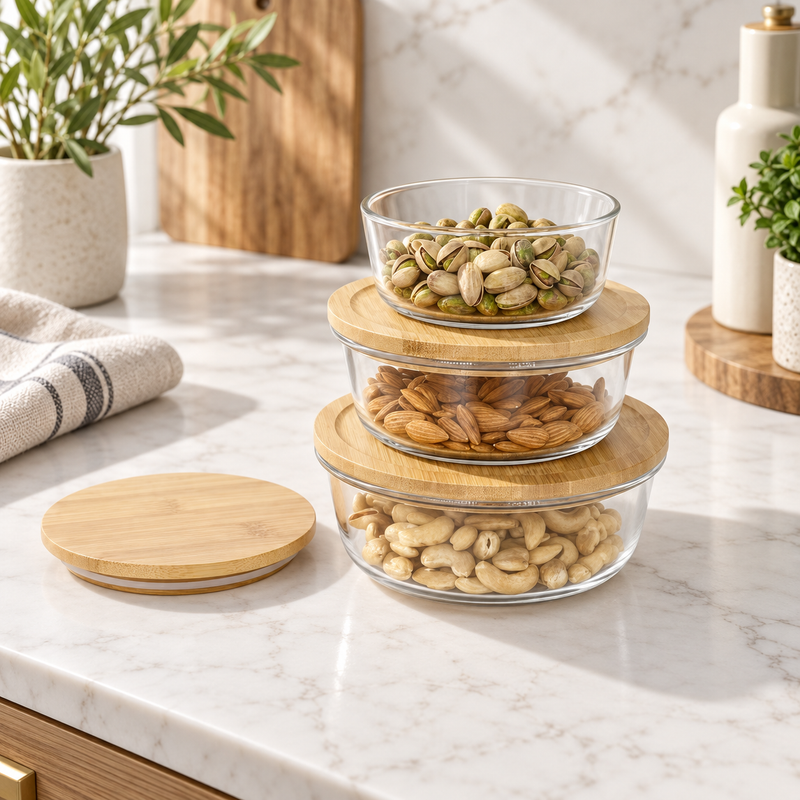 Multipurpose Kitchen Bowls with Bamboo Lids Set of 3