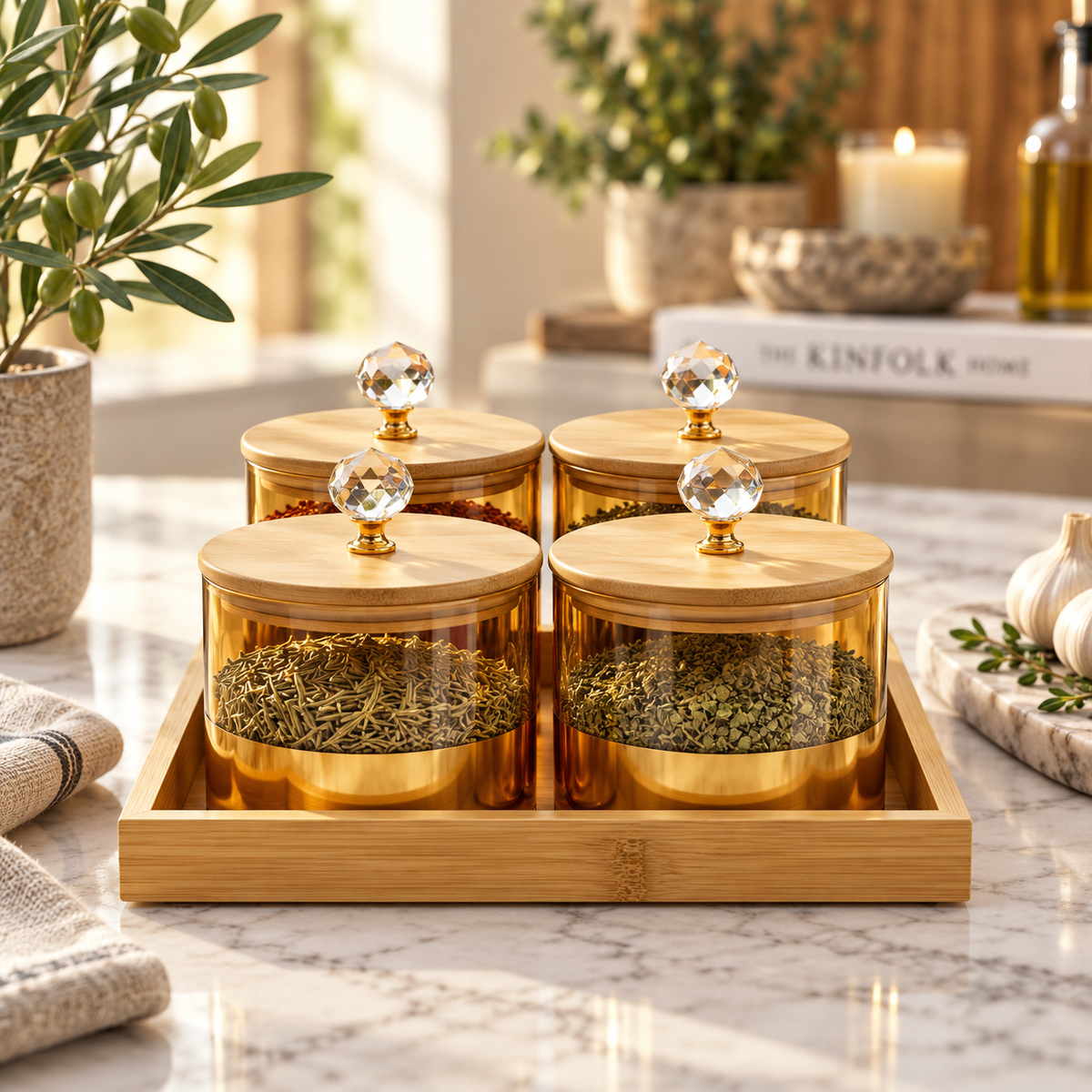 Gold Accent Glass Jar Set with Wooden Serving Tray