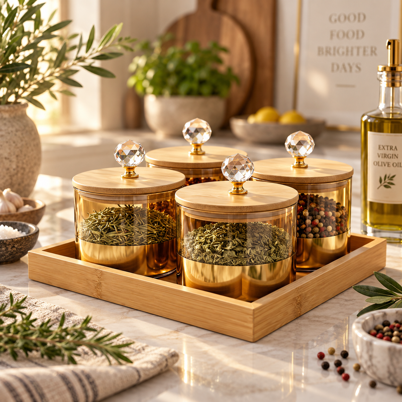 Gold Accent Glass Jar Set with Wooden Serving Tray