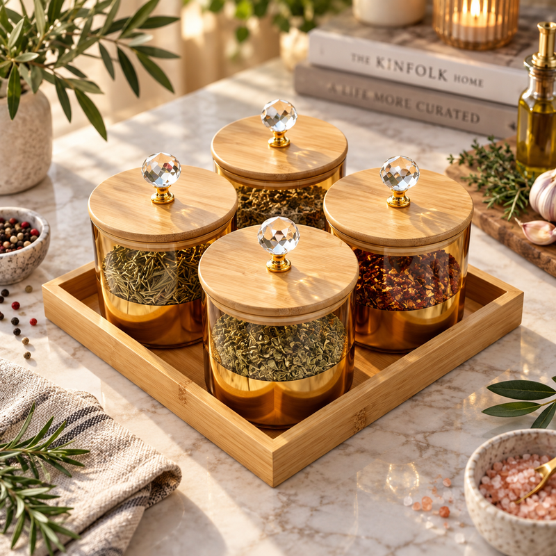 Gold Accent Glass Jar Set with Wooden Serving Tray