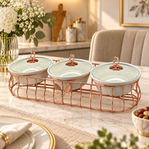 Luxury 3 Bowl Casserole Server Set with Gold Stand & Glass Lids