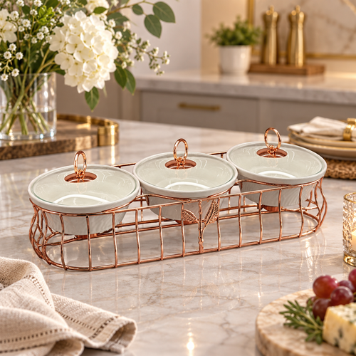 Luxury 3 Bowl Casserole Server Set with Gold Stand & Glass Lids
