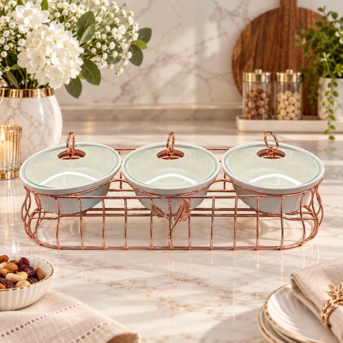 Luxury 3 Bowl Casserole Server Set with Gold Stand & Glass Lids