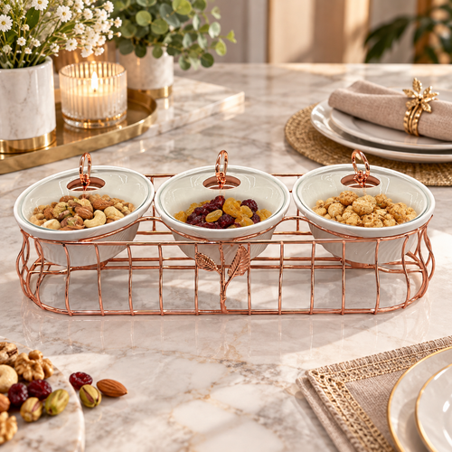 Luxury 3 Bowl Casserole Server Set with Gold Stand & Glass Lids