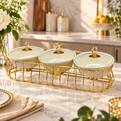 Luxury 3 Bowl Casserole Server Set with Gold Stand & Glass Lids