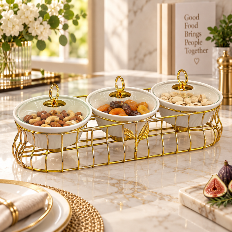 Luxury 3 Bowl Casserole Server Set with Gold Stand & Glass Lids