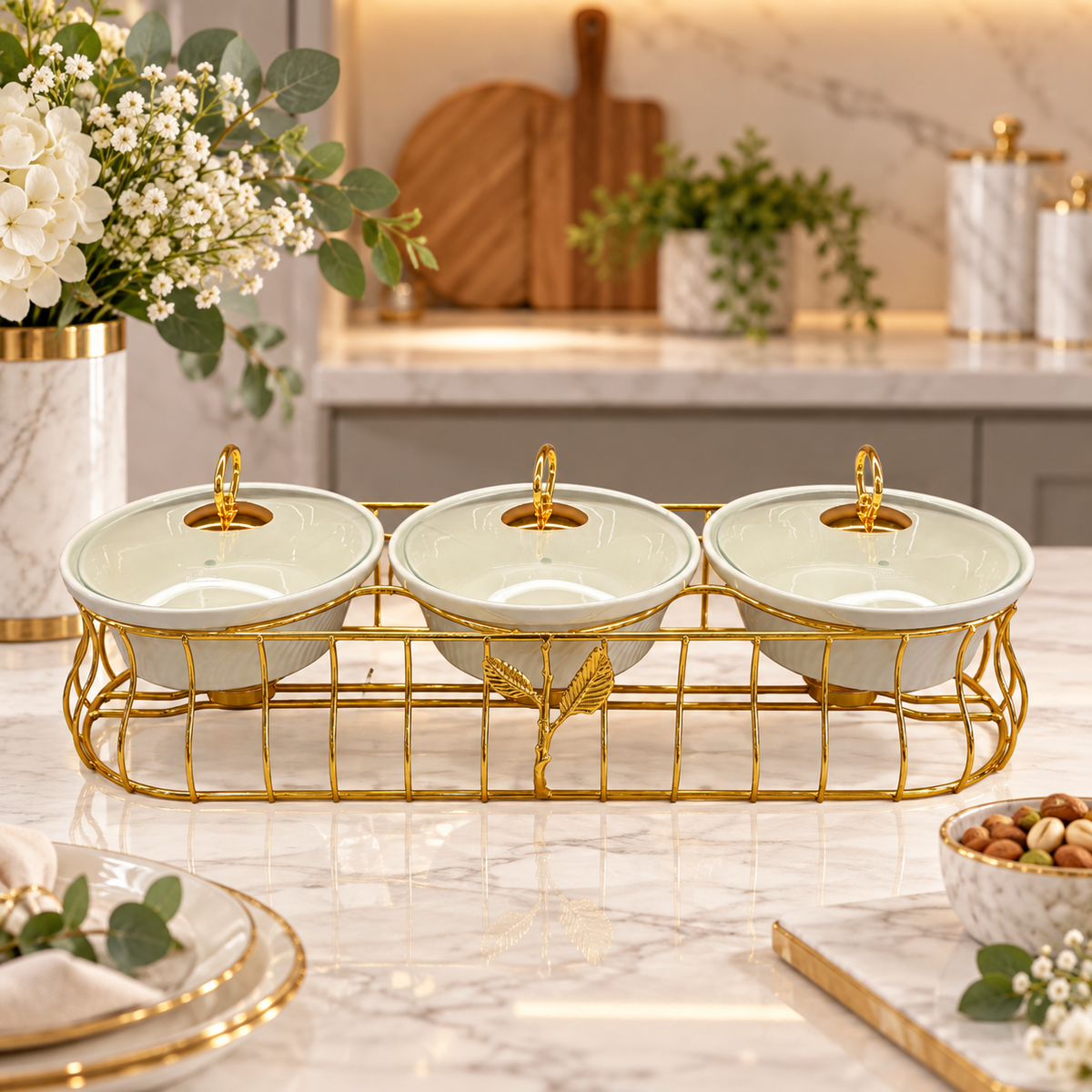 Luxury 3 Bowl Casserole Server Set with Gold Stand & Glass Lids