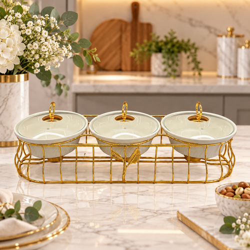 Luxury 3 Bowl Casserole Server Set with Gold Stand & Glass Lids
