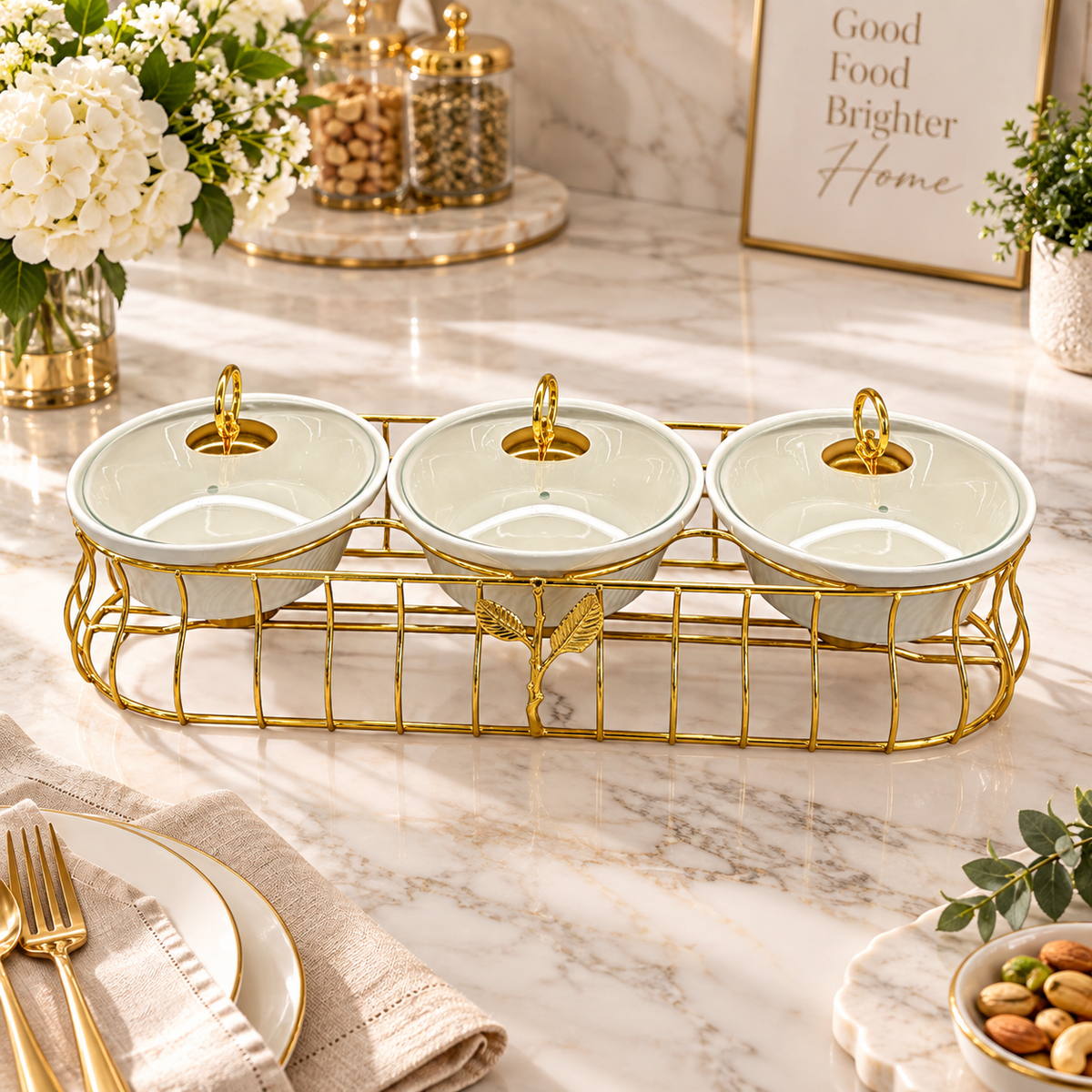 Luxury 3 Bowl Casserole Server Set with Gold Stand & Glass Lids