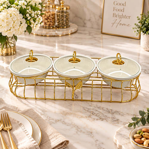 Luxury 3 Bowl Casserole Server Set with Gold Stand & Glass Lids