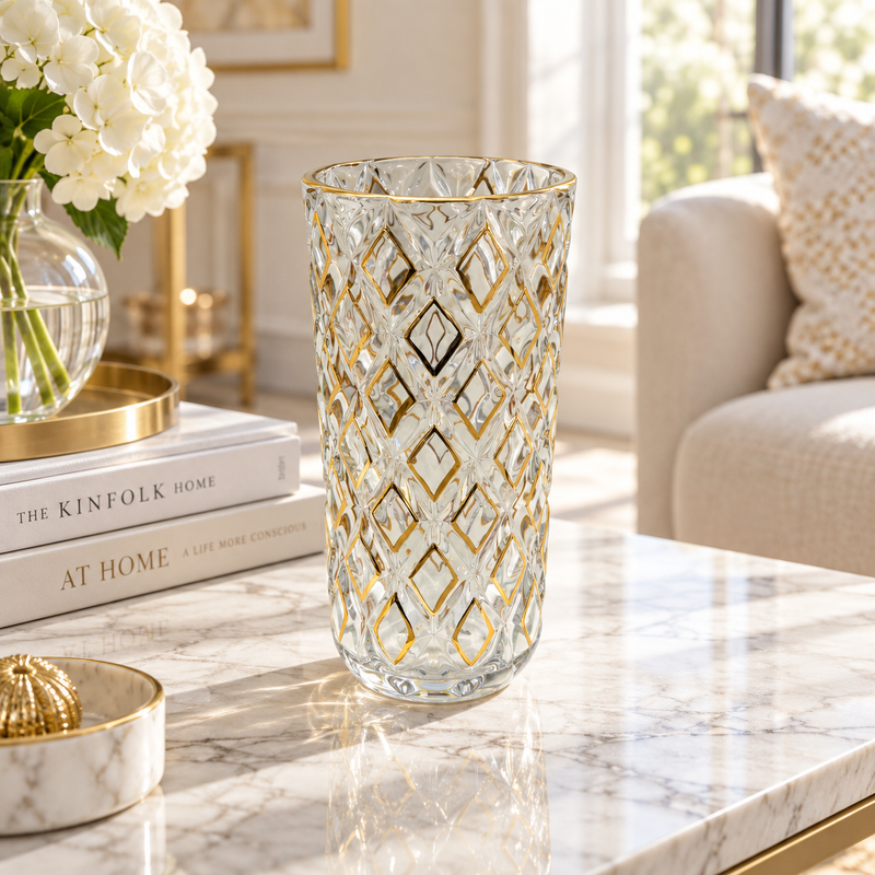 Gold Diamond Cut Glass Cylinder Vase