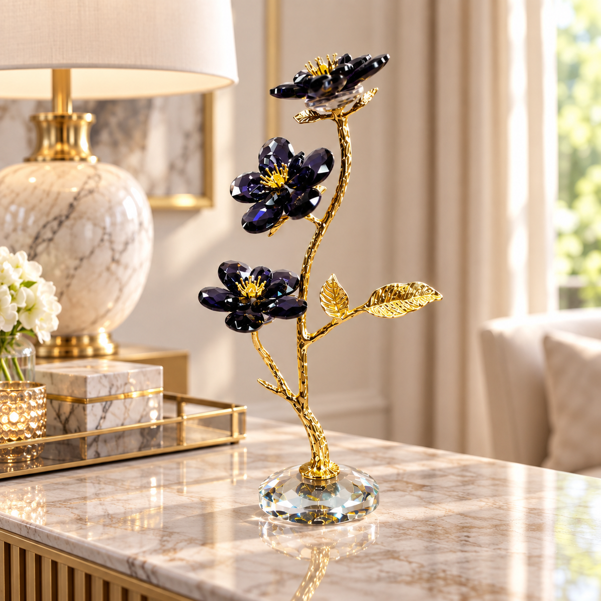 Elegant Amethyst & Gold Crystal Flower Branch