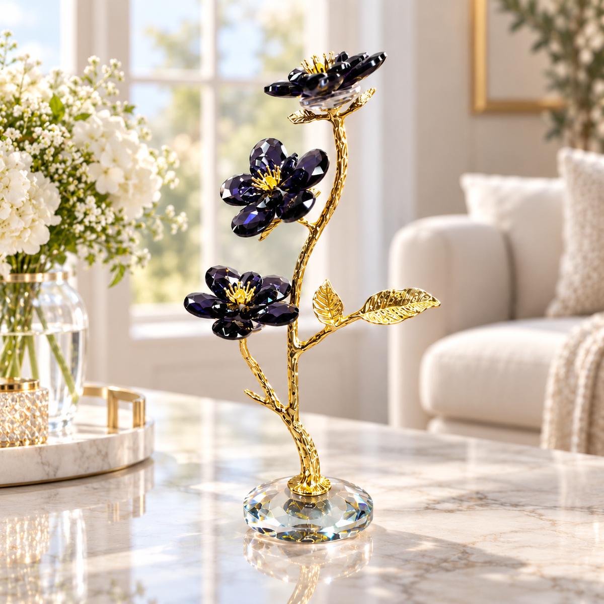 Elegant Amethyst & Gold Crystal Flower Branch