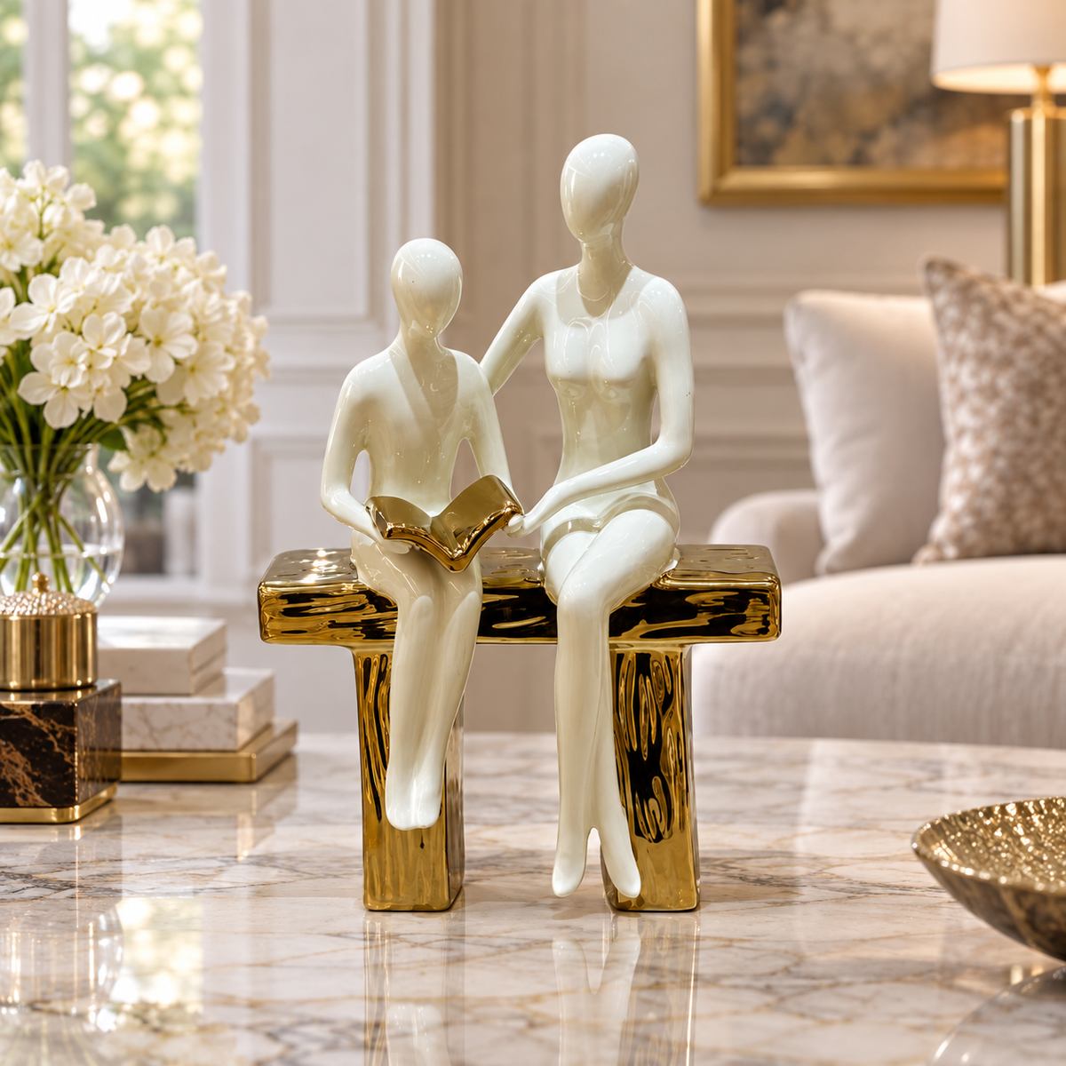 Elegant Seated Reading Duo Sculpture