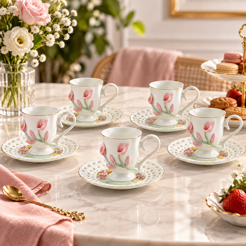 Imperial White & Pink Calla Lily Cup & Saucer Set 12 Piece