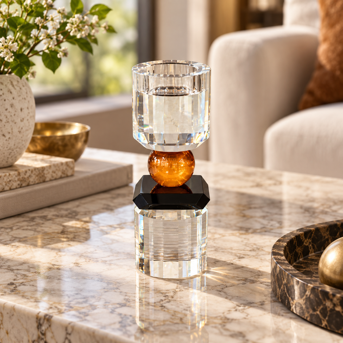 Geometric Crystal Pillar Holder on Black Base