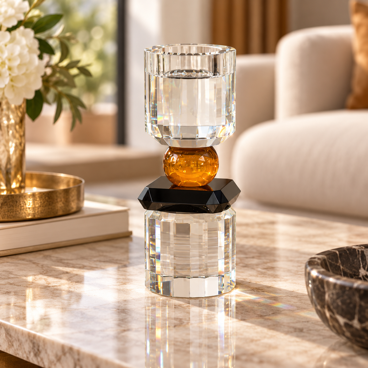 Geometric Crystal Pillar Holder on Black Base