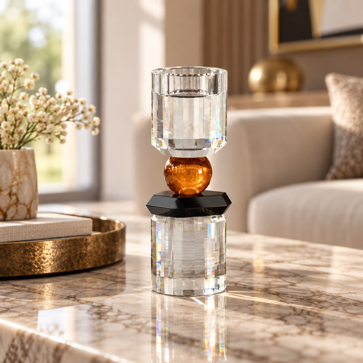 Geometric Crystal Pillar Holder on Black Base