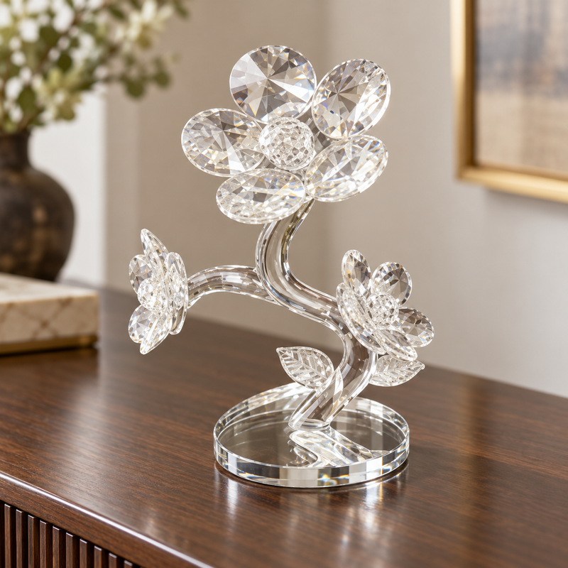 Elegant Crystal Flower Tree Figurine on Mirrored
