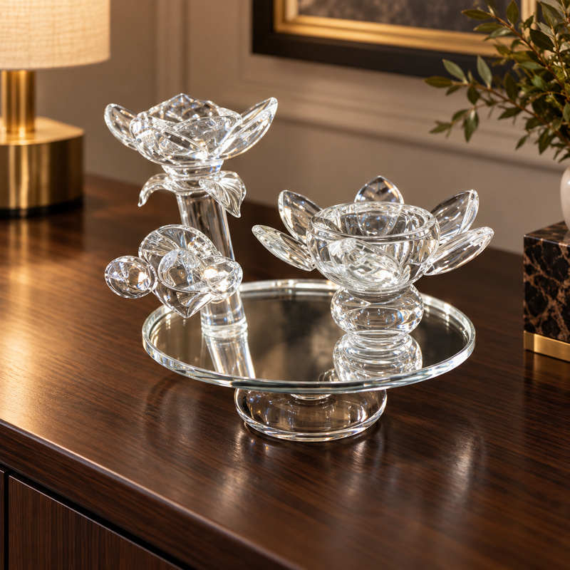 Crystal Lotus Flower Tealight Candle Holder Trio