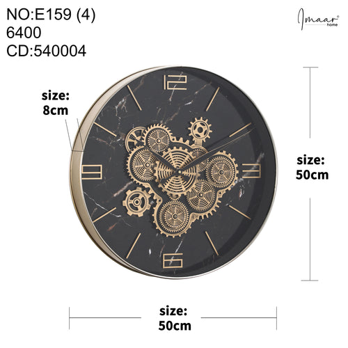 Chronos Black Marble & Gold Gear Wall Clock