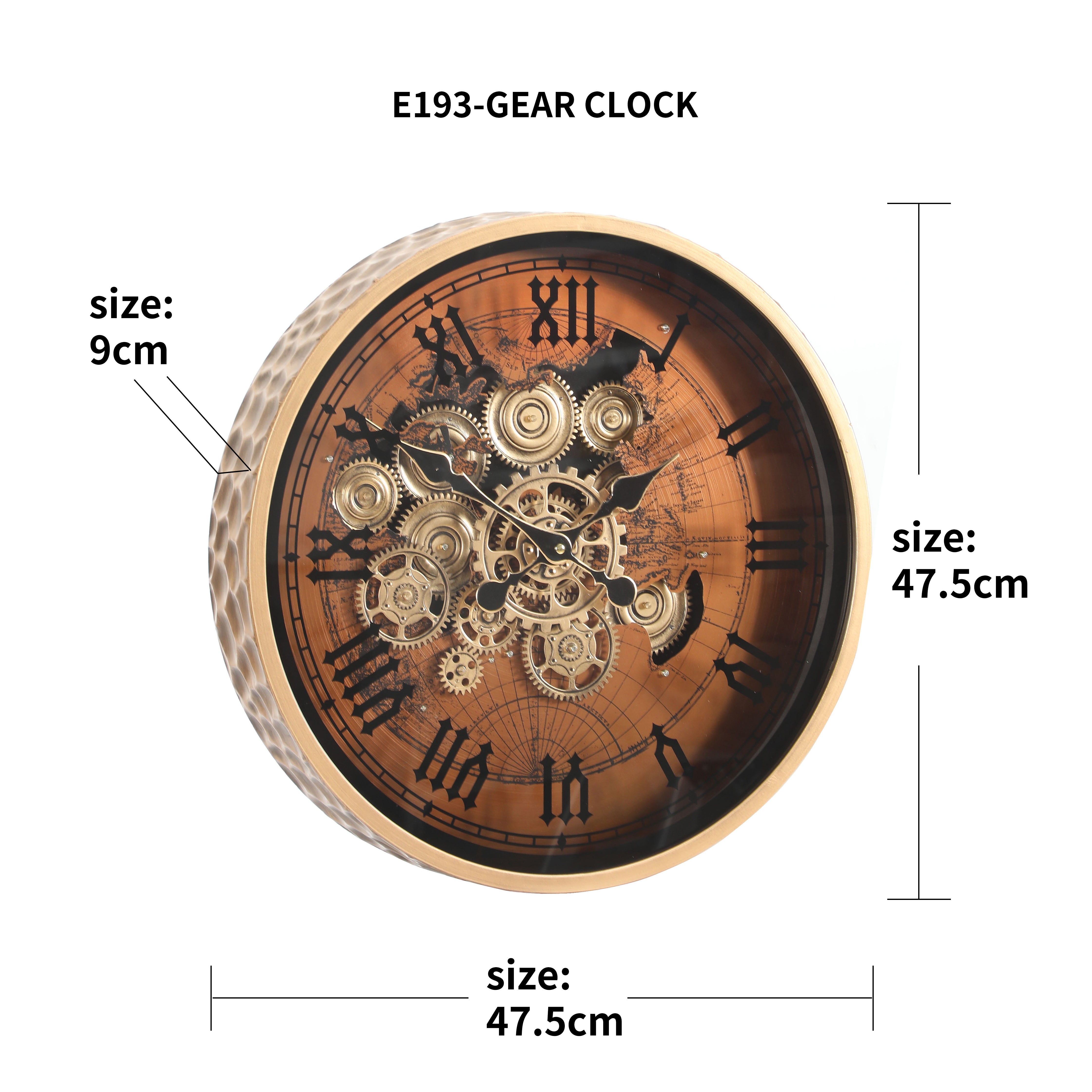 Hammered Frame Gear Clock – 47.5cm Antique Roman Design