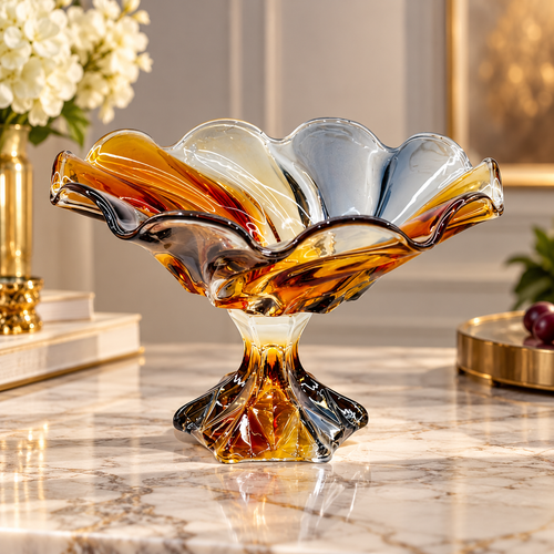 Modern Amber Glass Ruffled Pedestal Rotation Bowl