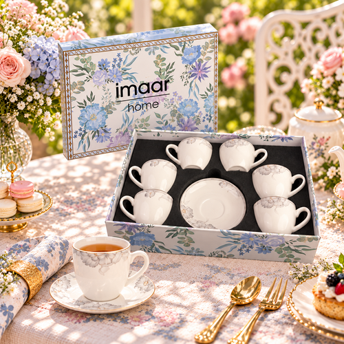 Ethereal Silver Bloom Fine Ceramic Teacup & Saucer Set 12 Pcs