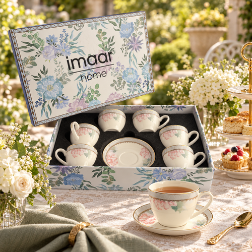 Blush Lotus & Silver Lattice Teacup & Saucer Set 12 Pcs