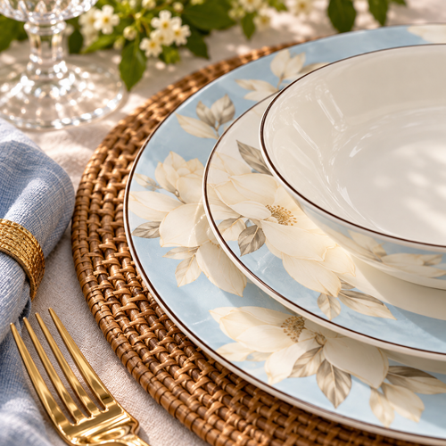 Magnolia Garden Serenity Sky Blue Fine Dinner Set 39 Pcs