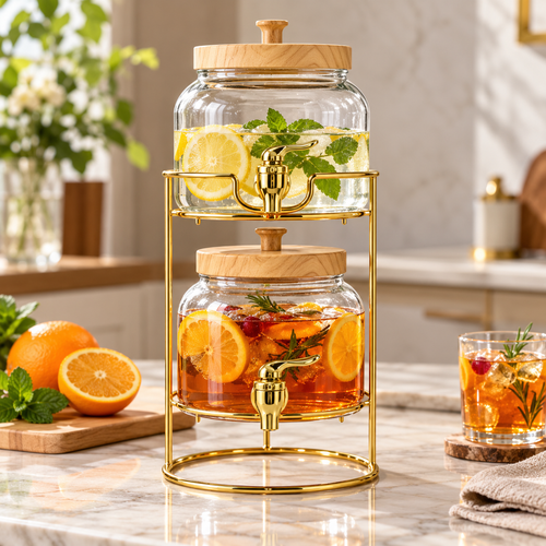 Modern Glass Beverage Dispenser Set 2 Piece