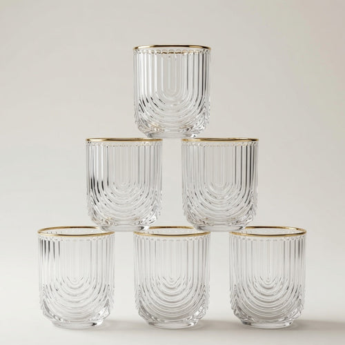 Ribbed Glass Tumblers with Gold Rims Set of 6
