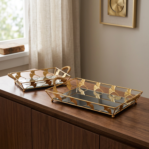 Golden Ginkgo Leaf Mirrored Vanity & Serving Tray Set (Set of 2)