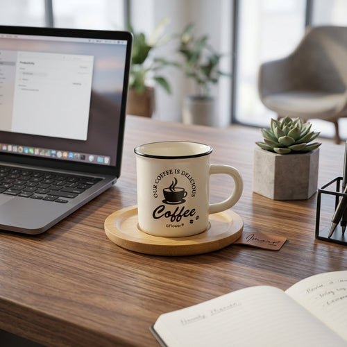 Retro Ceramic Coffee Mug Set with Wooden Coaster Saucer
